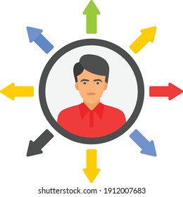 Opportunities for employee growth and development concept, hrm symbol on white background, Employee with multi direction arrows vector color icon design, Business character stock illustration