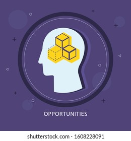 Opportunities icon concept with dice inside in the drawing of isolated human head