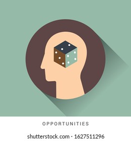 Opportunities icon concept with dice inside in the drawing of isolated human head
