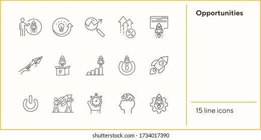 Opportunities line icon set. Rocket launch, start, beginning. Startup concept. Can be used for topics like business, innovation, project