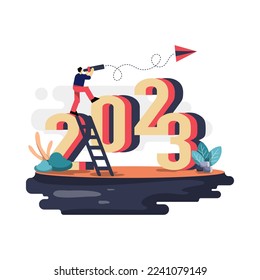 opportunities in the new year 2023 flat illustration, the concept of a man looking for opportunities to use a telescope in the next year. suitable for web and mobile app design