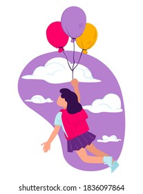 Opportunities and possibilities given by school education. Girl pupil flying with balloons, obtaining knowledge and developing personal skills. Dreaming and imagination, vector in flat style