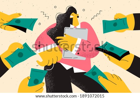 Opportunities, qualification, suggestions concept. Young smiling business woman popular specialist standing and getting proposals of money from various sides meaning high demand as professional 