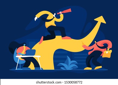 Opportunities search flat vector illustration. Staff recruitment, human resources, business development planning, leadership concept. Executive manager with spyglass and colleagues cartoon characters
