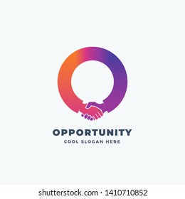 Opportunity Abstract Vector Sign, Symbol or Logo Template. Hand Shake Incorporated in Letter O Concept. Isolated.