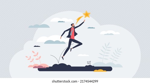 Opportunity advantage for business achievement boost tiny person concept. Catching career target or business goals with effective strategy and determination vector illustration. Jump high to stars.