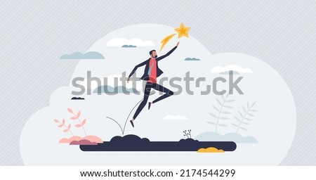 Opportunity advantage for business achievement boost tiny person concept. Catching career target or business goals with effective strategy and determination vector illustration. Jump high to stars.