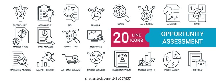 Opportunity Assessment icon collection set with Risk, Decision, Search, Alternative, Analysis