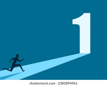 Opportunity to be number one. man running towards door number one 