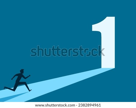 Opportunity to be number one. man running towards door number one 