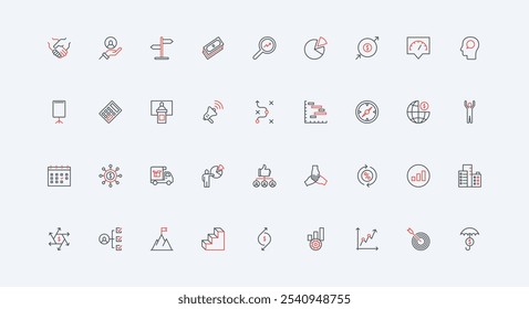 Oportunidade para o desafio de negócios de líder ambicioso, progresso para melhorar o conjunto de ícones de linha de resultados empresariais. Desenvolver talentos e habilidades, processar fino preto e vermelho esboço símbolos ilustração vetorial