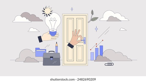 Opportunity in business as door opening tiny person neubrutalism concept. Business possibilities and new chance taken for growth and success vector illustration. Ambitious action for new achievements