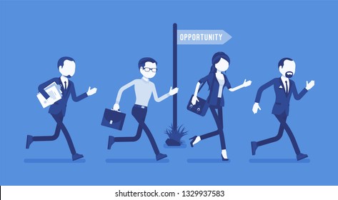 Opportunity, business people run for employment or promotion chance. Male and female managers get possibility, active employees see promising project. Vector illustration, faceless characters