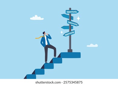 Opportunity, chance or career possibility to make decision, life choice to grow business, work accessibility, challenge or potential way to success, businessman climb up stair to see opportunity sign.