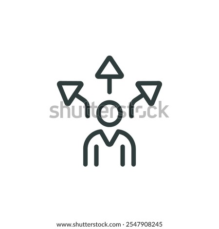 Opportunity, choice option, select possibility path outline icon. Line sign silhouette man and three arrows in different directions. Vector isolated pictogram on white background editable stroke.