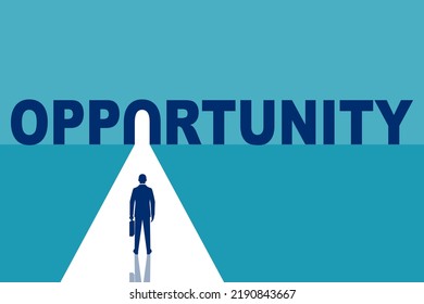 Opportunity Concept. The Businessman Faces Great Opportunities. The Beginning Of A New Path. Light From The Door. Bright Future. Vector Flat Design. 