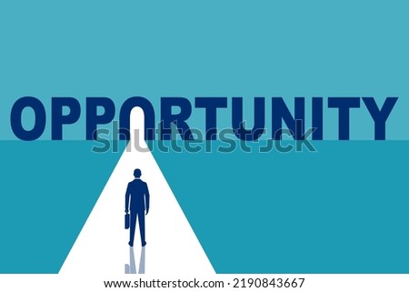Opportunity concept. The businessman faces great opportunities. The beginning of a new path. Light from the door. Bright future. Vector flat design. 