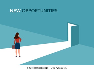 Opportunity concept. The businesswoman faces great new opportunities. The beginning of a new path. Light from the door. Bright future.