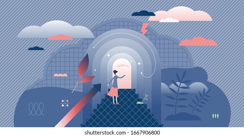 Opportunity concept, tiny person vector illustration. Personal growth vision, reaching goals and choosing path to success. New knowledge, life experience and freedom. Abstract stairs to new heights