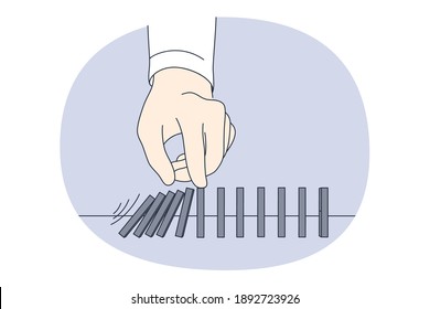 Oportunidad, peligro, concepto de desafío. Manos de hombre de negocios tratando de detener la caída de figuras de dominó en la ilustración del vector medio. Riesgo de caída de la competencia