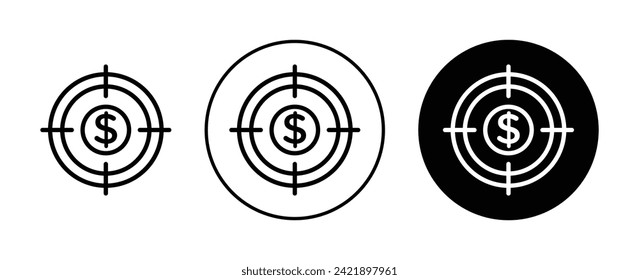 Opportunity Detection Icon Set. Target Marketing Goal Dollar SEO Vector Symbol in a black filled and outlined style. Career Achievement Calendar Sign.