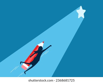 Opportunity to develop success. Businesswoman flying with pencil heading towards star gate with beam of light