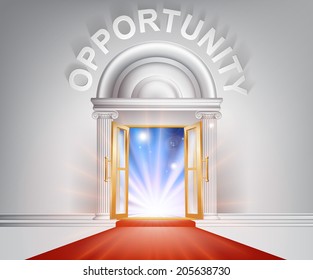 Opportunity door concept of a fantastic white marble door with columns and a red carpet with light streaming through it.