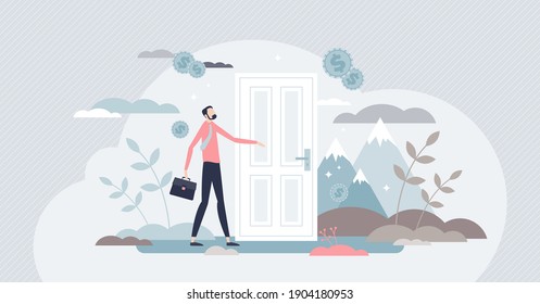 Opportunity doors as open new business challenge or hope tiny person concept. Career path entrance with life changing decision for businessman vector illustration. Start or beginning of job process.