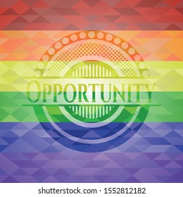 Opportunity emblem on mosaic background with the colors of the LGBT flag