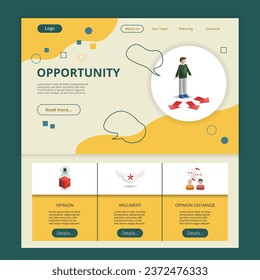 Opportunity flat landing page website template. Opinion, argument, opinion exchange. Web banner with header, content and footer. Vector illustration.
