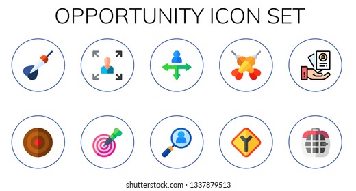 opportunity icon set. 10 flat opportunity icons.  Collection Of - dart, dartboard, decision making, hiring, darts, intersection, carrier