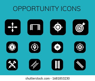 opportunity icon set. 12 filled opportunity icons. Included Directions, Target, Darts, Ladder icons