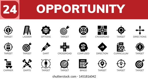opportunity icon set. 24 filled opportunity icons.  Collection Of - Target, Ladder, Options, Dart, Crossroad, Directions, Confused, Direction, Curriculum, Carrier, Darts, Bingo