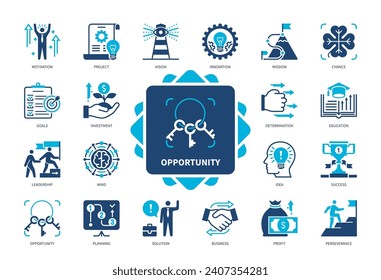 Opportunity icon set. Goals, Perseverance, Mission, Determination, Education, Investment, Success, Idea. Duotone color solid icons