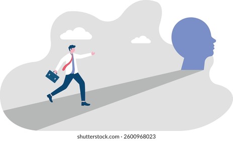 Opportunity for ideas. businessman running to the human brain door

