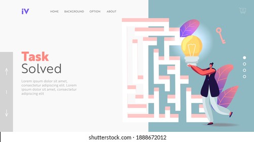 Opportunity, Insight, Challenge Landing Page Template. Business Woman with Huge Light Bulb Searching Exit in Labyrinth or Maze Finding Idea, Solution, Business Strategy. Cartoon Vector Illustration