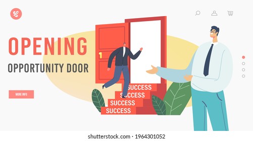Opportunity Landing Page Template. Businessman Invite Male Character in Formal Suit to Enter Open Door with Stairs to Success. Challenge, Career Boost, Hiring Concept. Cartoon Vector Illustration