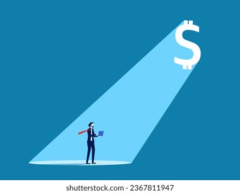 Opportunity to make money or profit. Businessman standing looking at the light in the money door