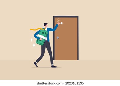 Opportunity or money knock on the door, new business chance or job and career offer, investment return or dividend concept, rich businessman holding money banknotes knocking on the door.