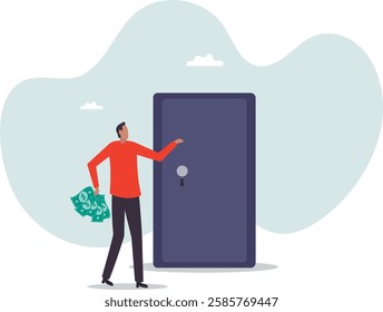 Opportunity or money knock on the door, new business chance or job and career offer, investment return or dividend.business concept.flat character.