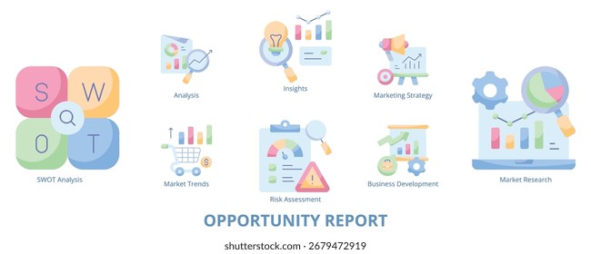 Informe de oportunidad Conjunto de iconos de Web de Anuncio plano Ilustración vectorial, análisis Tendencia del mercado Insight Evaluación de riesgos FODA Investigación Estrategia de marketing Desarrollo comercial 