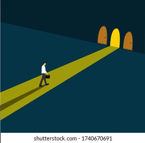 Opportunity for return to work after quarantine. Light from the door, man going out from home to the street, vector illustration