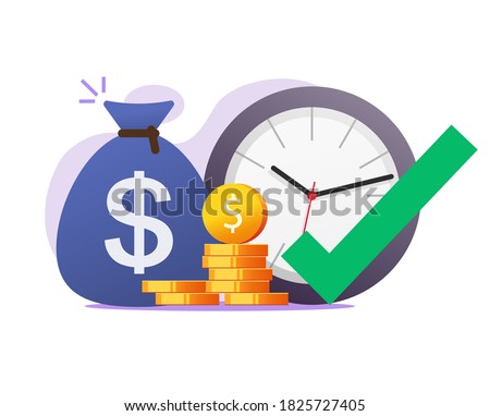Opportunity right time moment to make or earn money vector concept, correct chance to gain financial invest profit flat illustration, earning timer clock with check mark tick as good time become rich