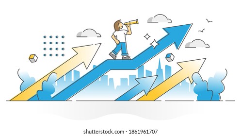 Opportunity seeing as sight in future progress and growth outline concept. Successful female career or business development and improvement with upward forward direction arrow vector illustration.