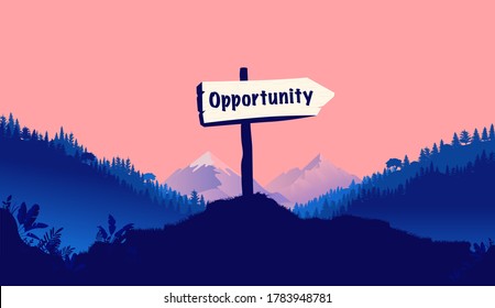 Opportunity sign pointing to the right. Showing direction for business and career opportunities ahead. Beautiful landscape in background. Vector illustration.