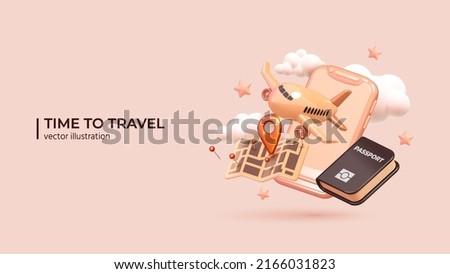 Opportunity to travel the world again. Pandemic cancellation, summer holidays, airplane flights. Visiting interesting places. Travel concept in Realistic 3d cartoon minimal style. Vector illustration