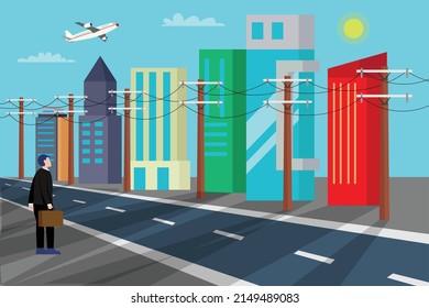 Concepto de vector de oportunidad. Joven hombre de negocios mirando la ciudad moderna mientras está de pie con maleta al lado de la carretera