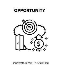 Concepto de icono de vector de oportunidad. Oportunidad Financiera Y Estrategia Para Puertas Abiertas, Ganar Dinero Riqueza Y Solución De Problemas. Estrategia Para Obtener Financiación Y Fondos Ilustración Negra