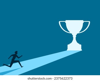 Opportunity of victory. Businessman running towards the trophy goal 