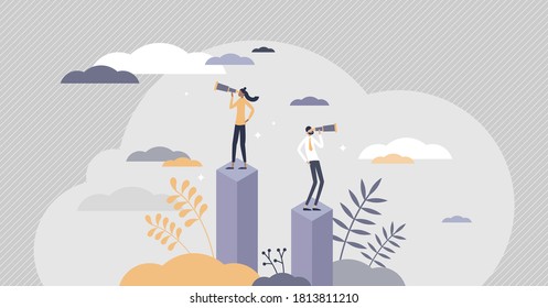 Opportunity as vision for chances for business target tiny persons concept. Competitors looking for future company plans and achieve success using motivational inspiration scene vector illustration.